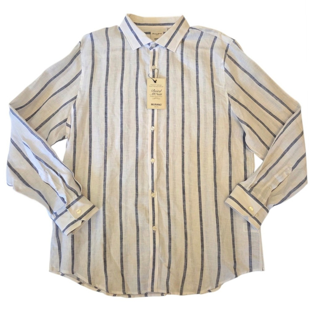 Murano Baird McNutt Linen Shirt Mens XL Slim Fit Blue White Striped Long Sleeve